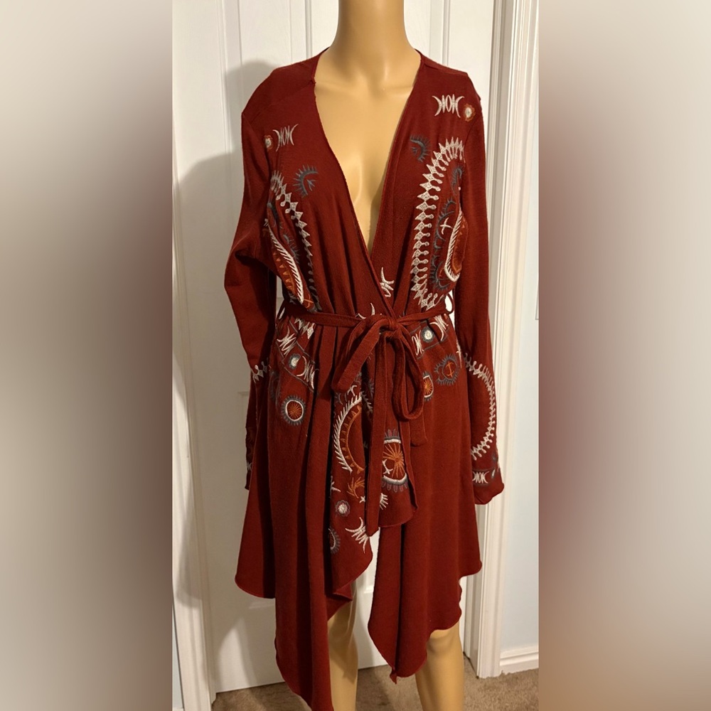 Rust Red Embroidered Kimono Cardigan